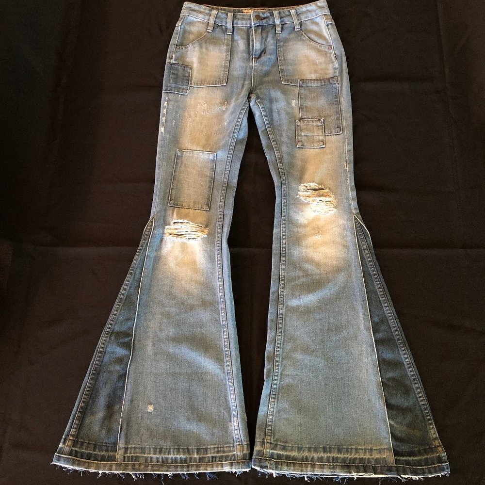 Free People Light Blue Patchwork Flare Jeans - Picture 8 of 16